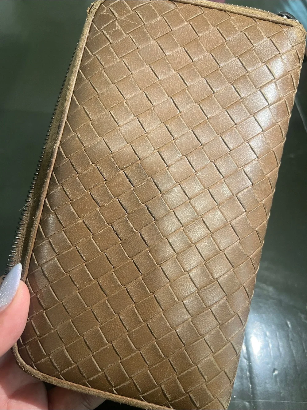 Bottega Veneta Tan Woven Zip Wallet